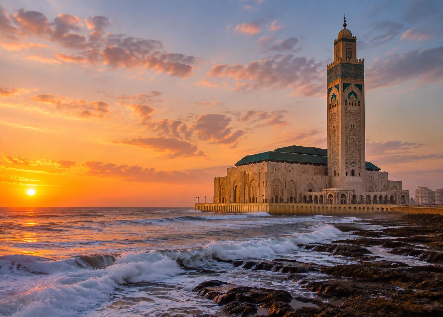 The Hassan II Mosque and its tall minaret beside the Atlantic Ocean in Casablanca at sunset