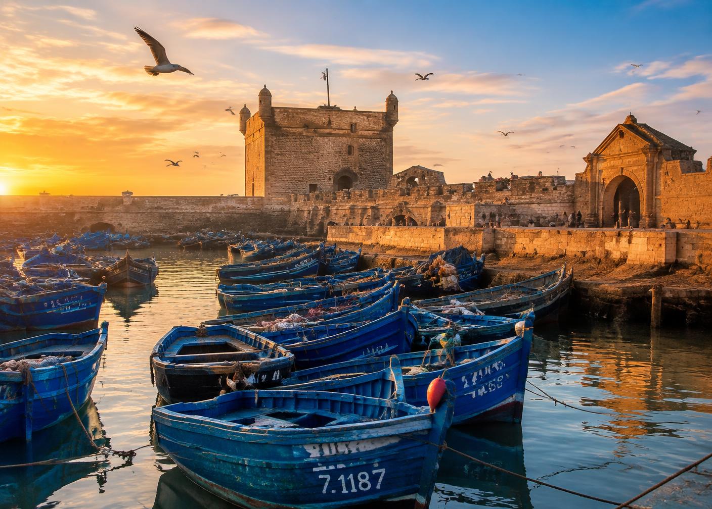 Fishing boats in Essaouira's harbour beside the old sea ramparts