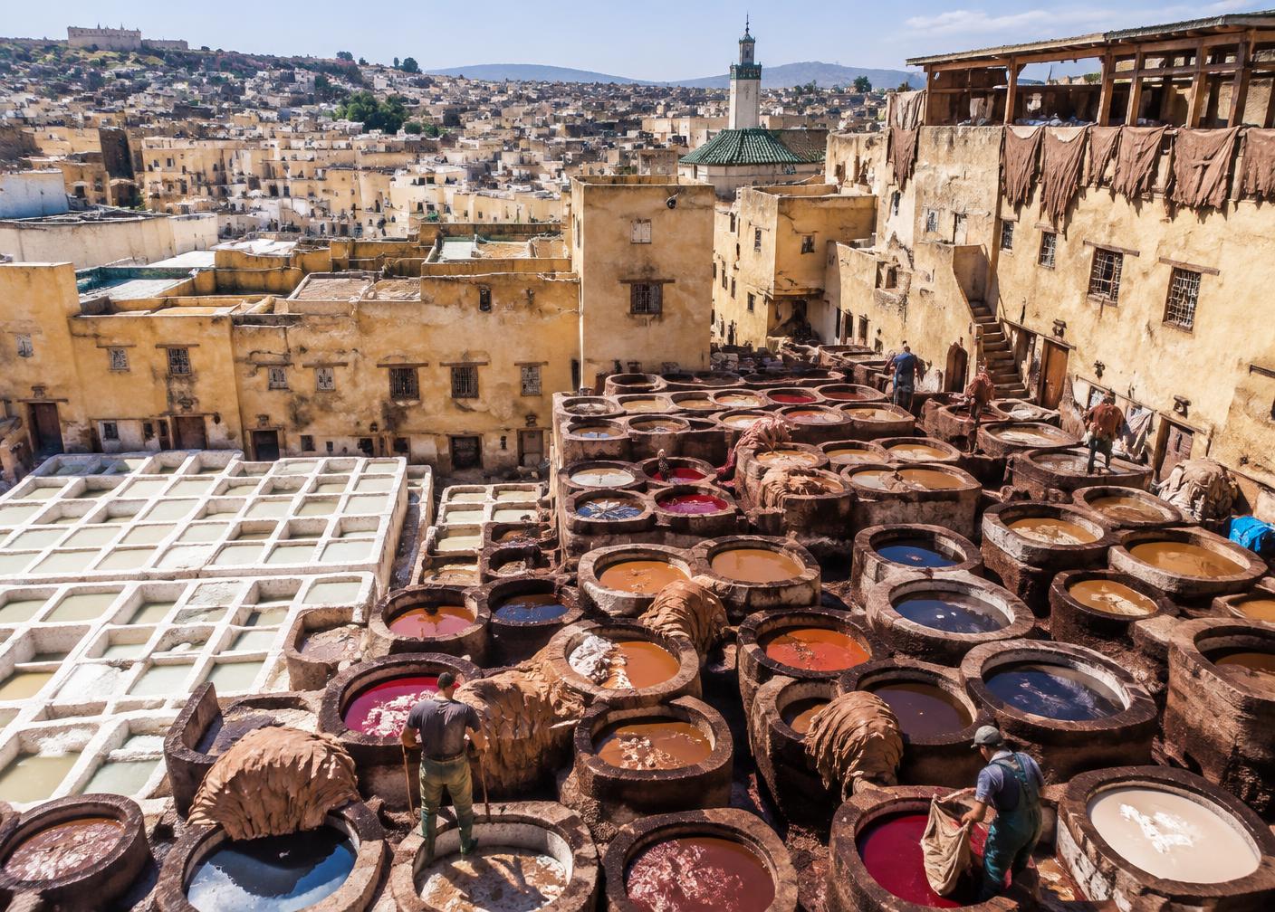 The Chouara Tannery's coloured dye vats in Fes el-Bali