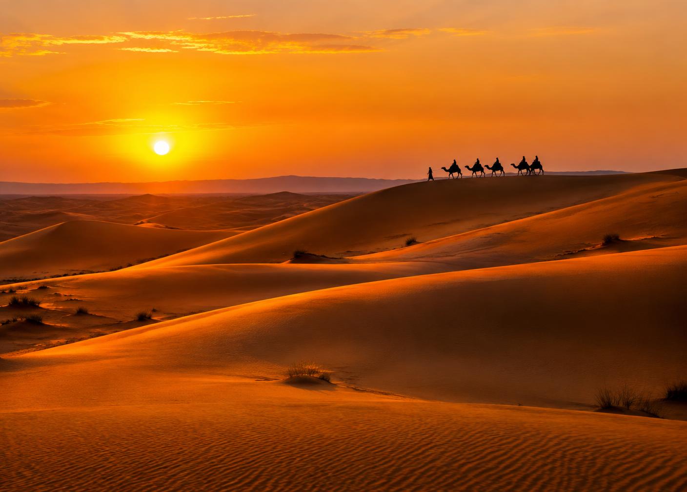 Golden sand dunes of Erg Chebbi at sunset near Merzouga